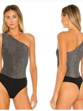 Lovers + Friends One-Shoulder Metallic Gray & Black Bodysuit
